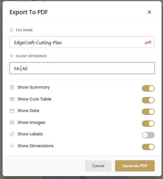 How to Use EdgeCraft Cutting Plan: Free Cutlist Optimizer for Sheet Cutting 8 Export PDF options for EdgeCraft cutting list optimizer