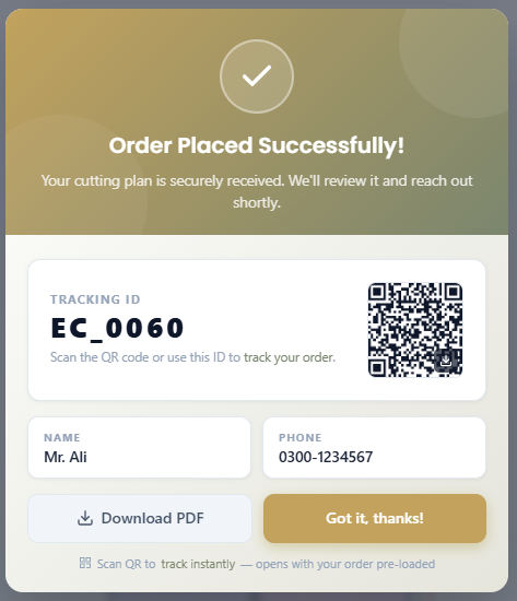 How to Use EdgeCraft Cutting Plan: Free Cutlist Optimizer for Sheet Cutting 10 Order placed successfully with tracking ID and QR code