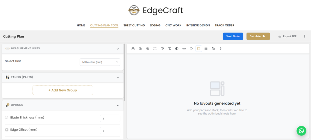 How to Use EdgeCraft Cutting Plan: Free Cutlist Optimizer for Sheet Cutting 1 EdgeCraft Cutting Plan Tool dashboard for sheet cutting optimization